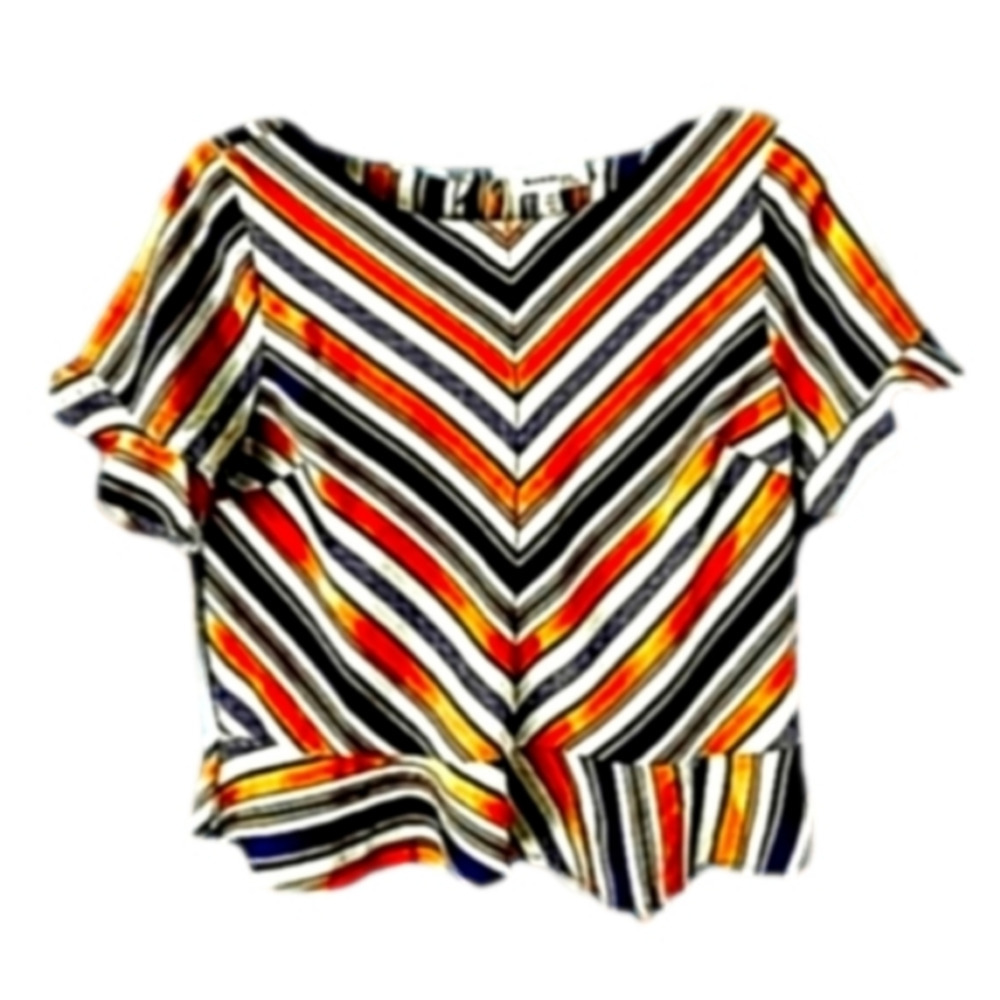 Monteau M Short Sleeve Ruffled Peplum Peach Navy and Mustard Striped Blouse